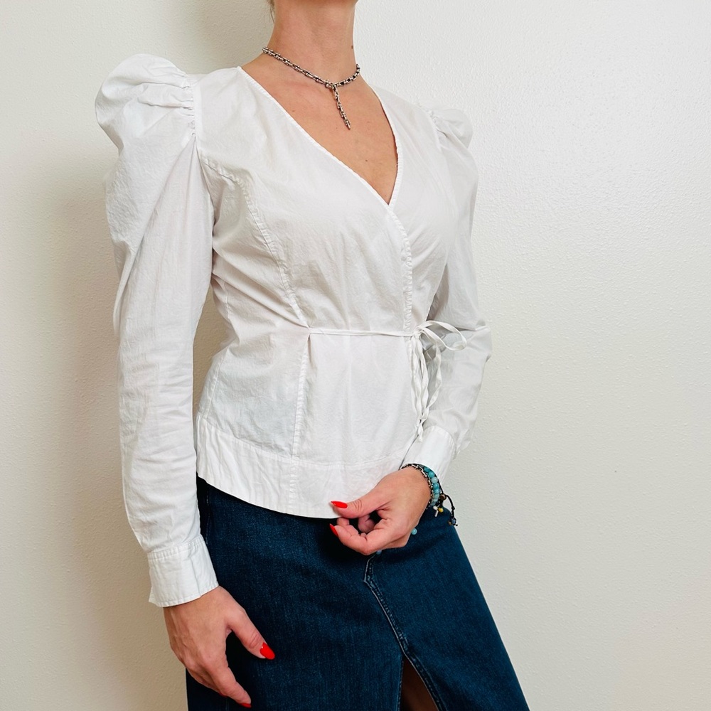 Jason Wu White Long Puff Sleeve Wrap Blouse Elegant Poplin Tailored Top